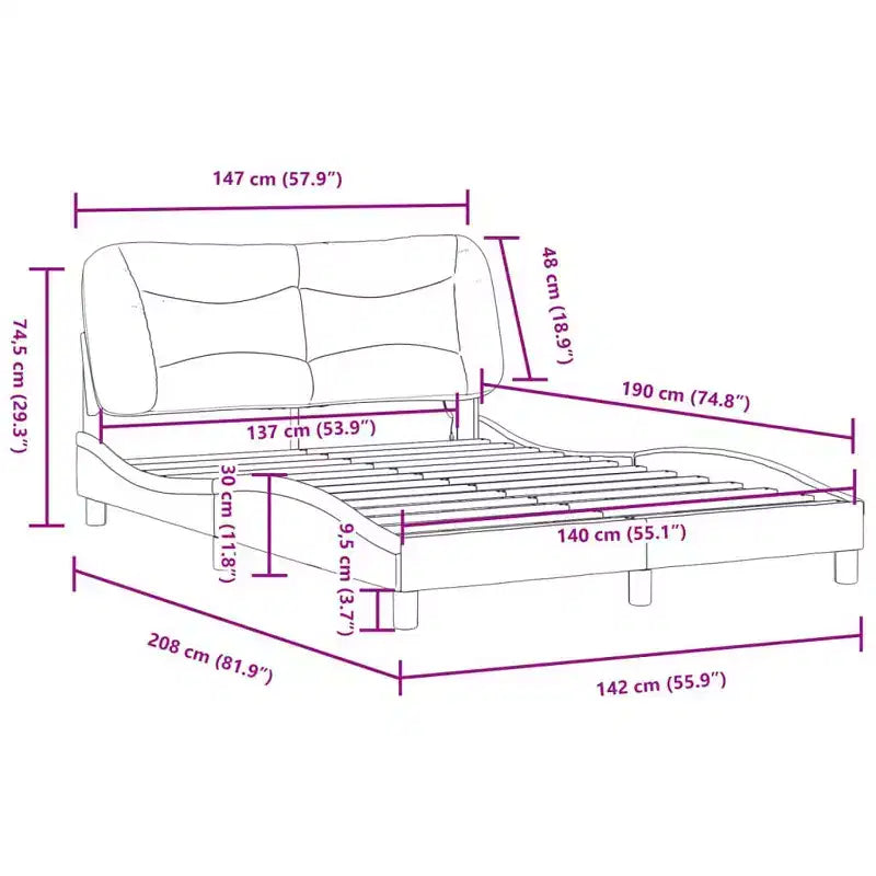 Letto matrimoniale nero/bianco con LED e testiera imbottita, per 2 persone