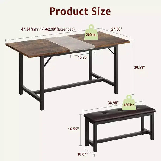 Set da pranzo rettangolare marrone rustico con 2 panche, 4 posti a sedere