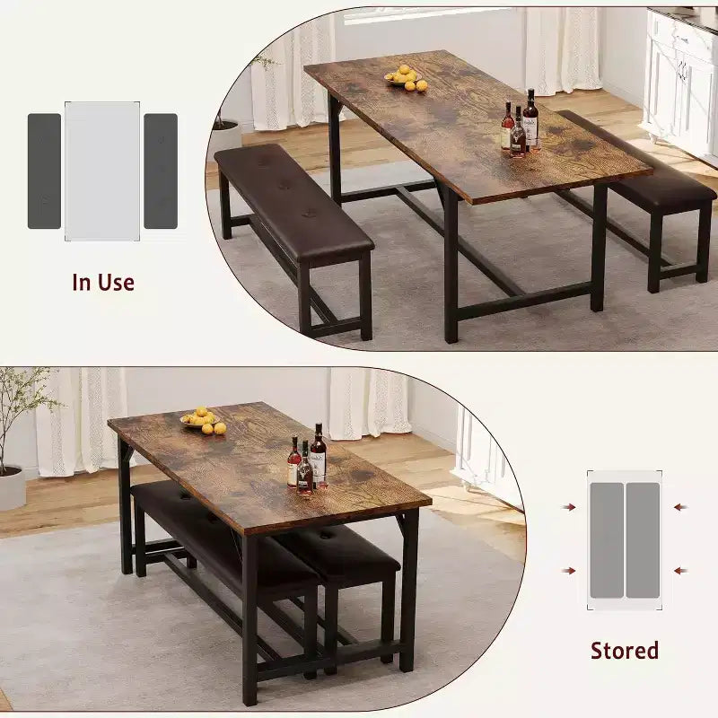 Set da pranzo rettangolare marrone rustico con 2 panche, 4 posti a sedere