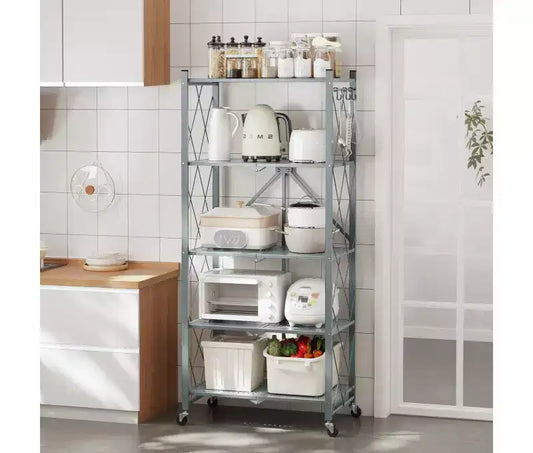 Scaffale pieghevole in metallo grigio, 4/5 ripiani, montaggio per 1 persona