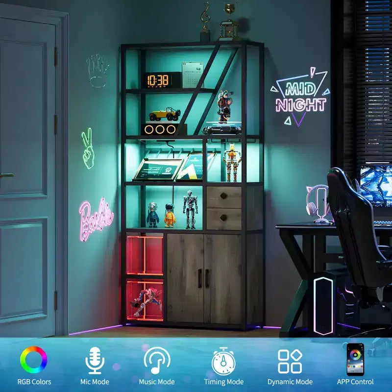 Mobile bar alto in legno nero/marrone/grigio con luci a LED e prese di corrente, 180,8 cm, per 1