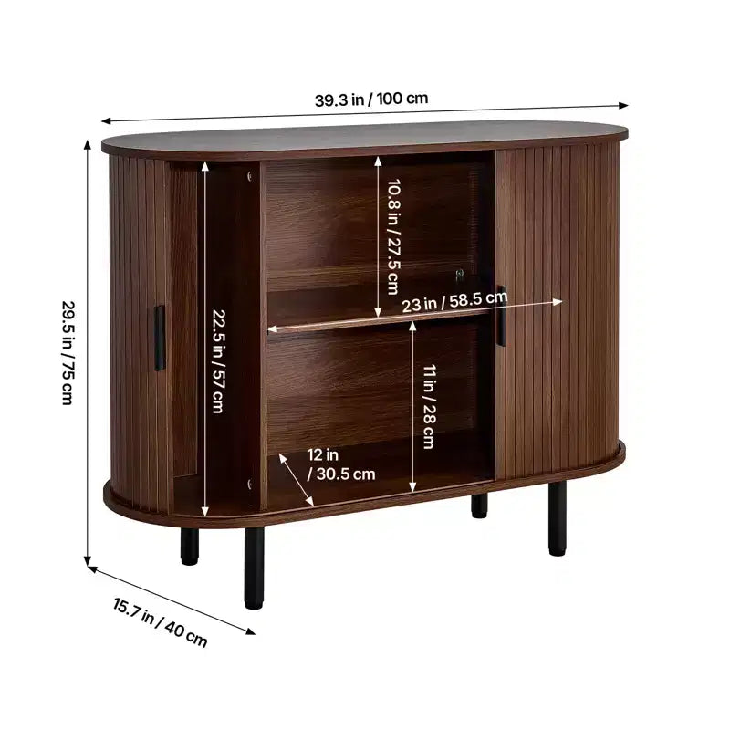 Mobile Bar/Credenza in Noce a Scanalature, Stile Mid-Century, con 2 Ante Scorrevoli