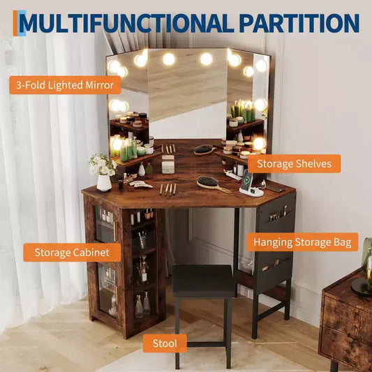 Set Toeletta Angolare Marrone con Specchio LED e Sgabello, 1 Persona