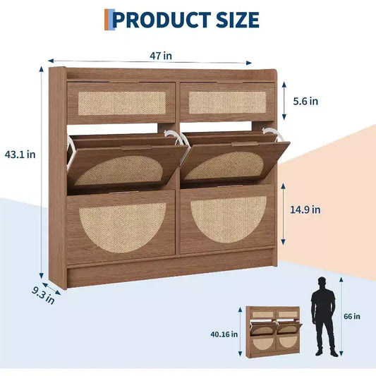 Scarpiera da terra a 4 cassetti effetto rattan marrone/kaki, per abitazioni singole