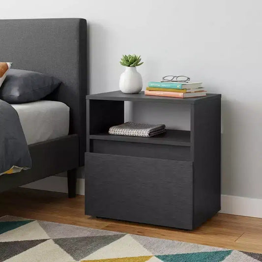Comodino a 1 cassetto in legno nero, singolo