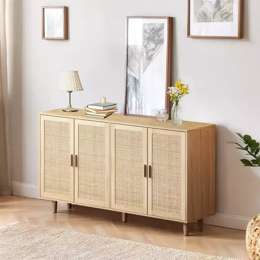 Mobile Contenitore/Madia a 4 Ante in Rattan Nero, per Uso Domestico Singolo