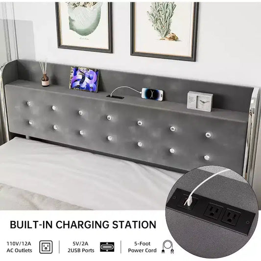 Telaio Letto Matrimoniale Francese in Velluto Grigio con 4 Cassetti Contenitori, Per 1 Persona