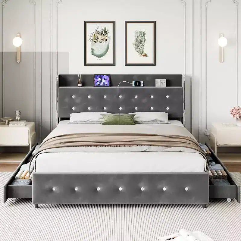 Telaio Letto Matrimoniale Francese in Velluto Grigio con 4 Cassetti Contenitori, Per 1 Persona
