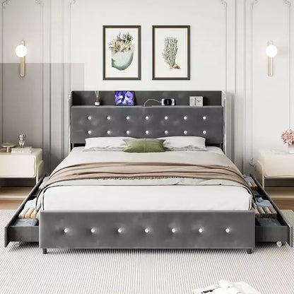 Telaio Letto Matrimoniale Francese in Velluto Grigio con 4 Cassetti Contenitori, Per 1 Persona