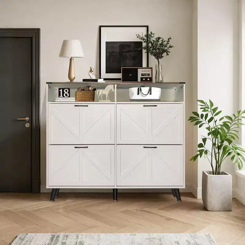 Scarpiera a cassetti a ribalta stile rustico (marrone/bianco), mobile contenitore autoportante da 32 paia