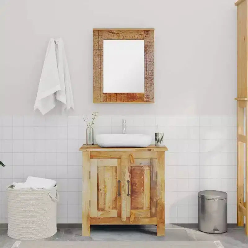 Mobile da bagno rustico marrone in legno di mango con specchio, singolo