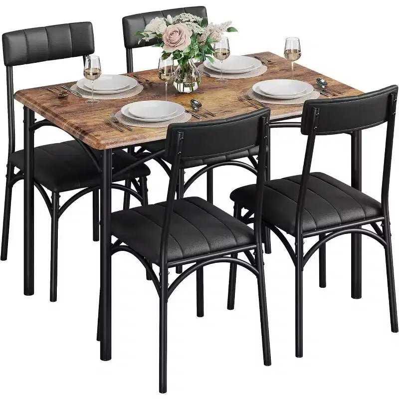 Set Tavolo da Pranzo Imbottito Nero / Marrone / Grigio, 4 Posti