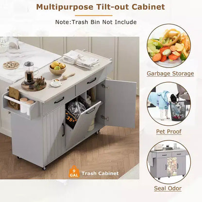 Carrello da cucina con isola, anta a ribalta, vano per rifiuti e portaspezie – Azzurro Grigio / Noce Marrone / Bianco, 1 persona