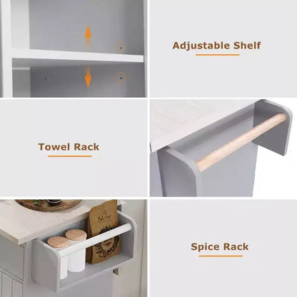 Carrello da cucina con isola, anta a ribalta, vano per rifiuti e portaspezie – Azzurro Grigio / Noce Marrone / Bianco, 1 persona
