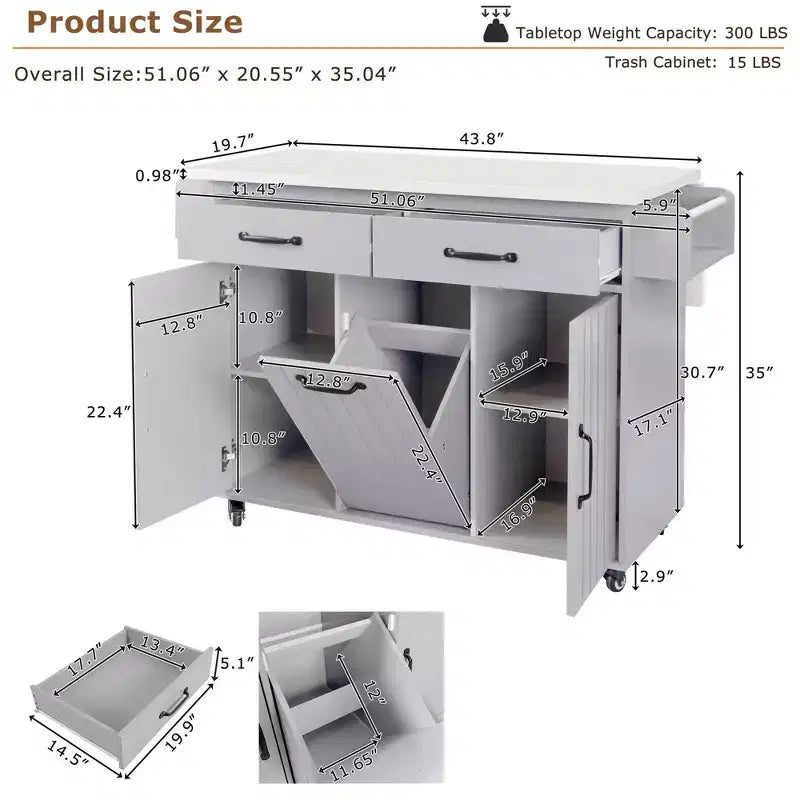 Carrello da cucina con isola, anta a ribalta, vano per rifiuti e portaspezie – Azzurro Grigio / Noce Marrone / Bianco, 1 persona