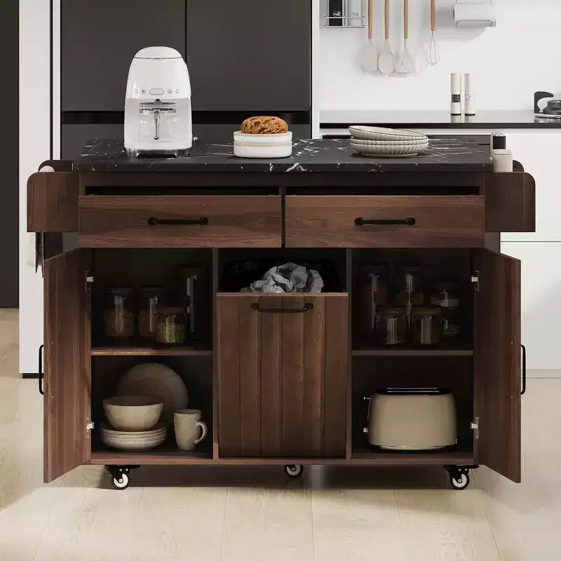 Carrello da cucina con isola, anta a ribalta, vano per rifiuti e portaspezie – Azzurro Grigio / Noce Marrone / Bianco, 1 persona