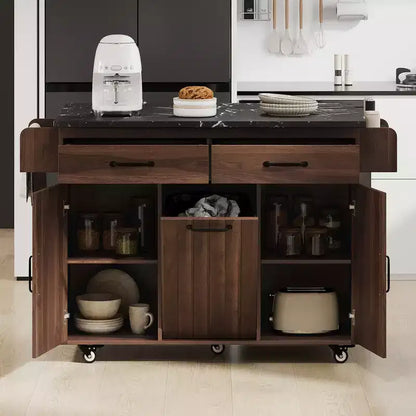 Carrello da cucina con isola, anta a ribalta, vano per rifiuti e portaspezie – Azzurro Grigio / Noce Marrone / Bianco, 1 persona