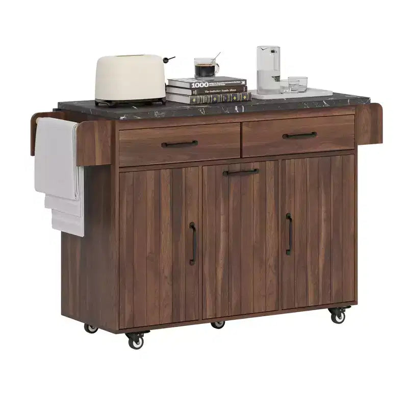 Carrello da cucina con isola, anta a ribalta, vano per rifiuti e portaspezie – Azzurro Grigio / Noce Marrone / Bianco, 1 persona