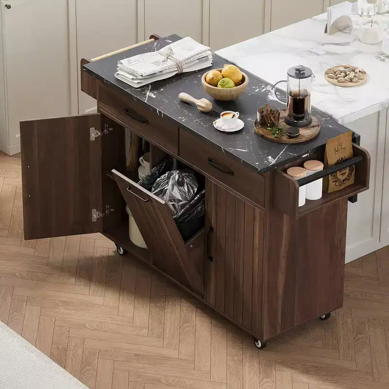 Carrello da cucina con isola, anta a ribalta, vano per rifiuti e portaspezie – Azzurro Grigio / Noce Marrone / Bianco, 1 persona