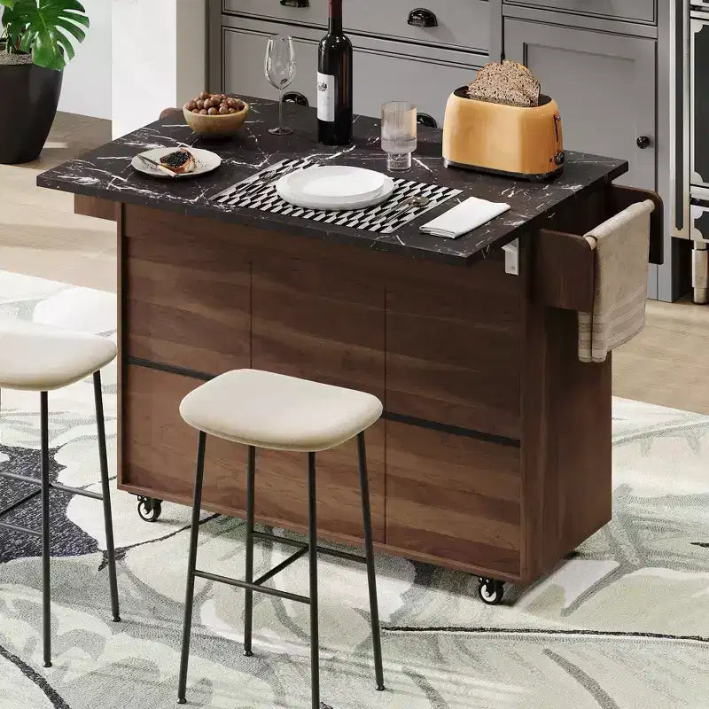 Carrello da cucina con isola, anta a ribalta, vano per rifiuti e portaspezie – Azzurro Grigio / Noce Marrone / Bianco, 1 persona