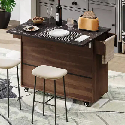 Carrello da cucina con isola, anta a ribalta, vano per rifiuti e portaspezie – Azzurro Grigio / Noce Marrone / Bianco, 1 persona