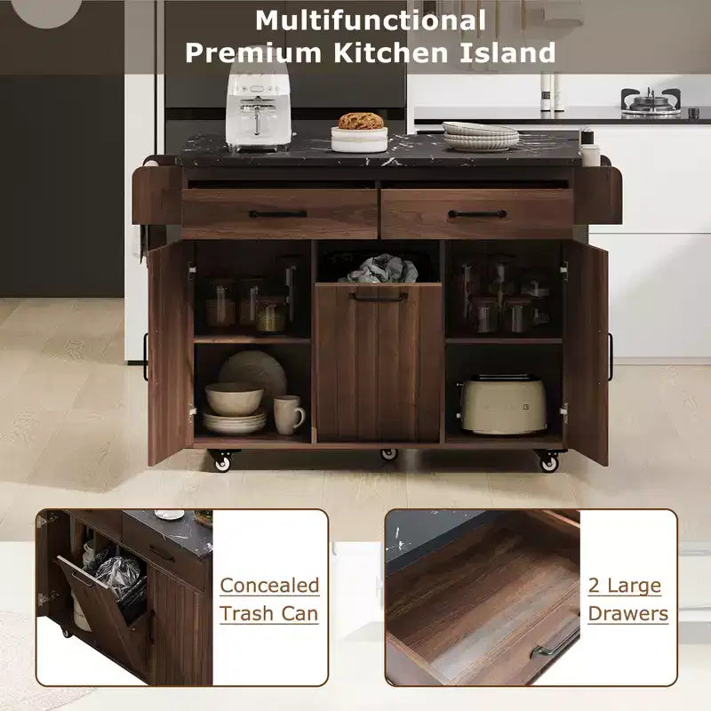 Carrello da cucina con isola, anta a ribalta, vano per rifiuti e portaspezie – Azzurro Grigio / Noce Marrone / Bianco, 1 persona