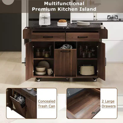 Carrello da cucina con isola, anta a ribalta, vano per rifiuti e portaspezie – Azzurro Grigio / Noce Marrone / Bianco, 1 persona