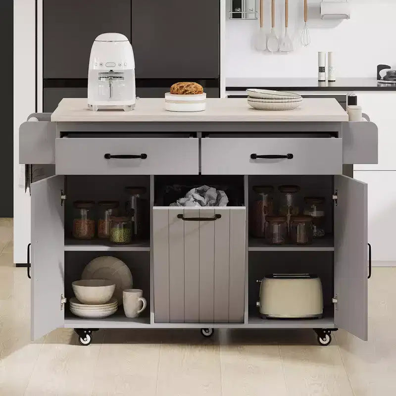 Carrello da cucina con isola, anta a ribalta, vano per rifiuti e portaspezie – Azzurro Grigio / Noce Marrone / Bianco, 1 persona