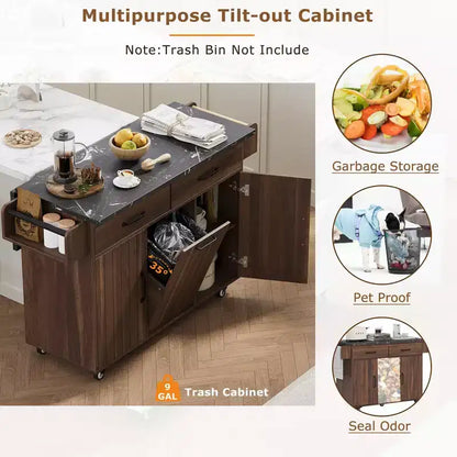 Carrello da cucina con isola, anta a ribalta, vano per rifiuti e portaspezie – Azzurro Grigio / Noce Marrone / Bianco, 1 persona