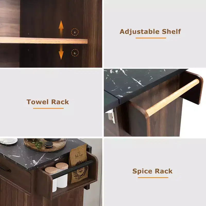 Carrello da cucina con isola, anta a ribalta, vano per rifiuti e portaspezie – Azzurro Grigio / Noce Marrone / Bianco, 1 persona