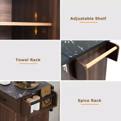 Carrello da cucina con isola, anta a ribalta, vano per rifiuti e portaspezie – Azzurro Grigio / Noce Marrone / Bianco, 1 persona