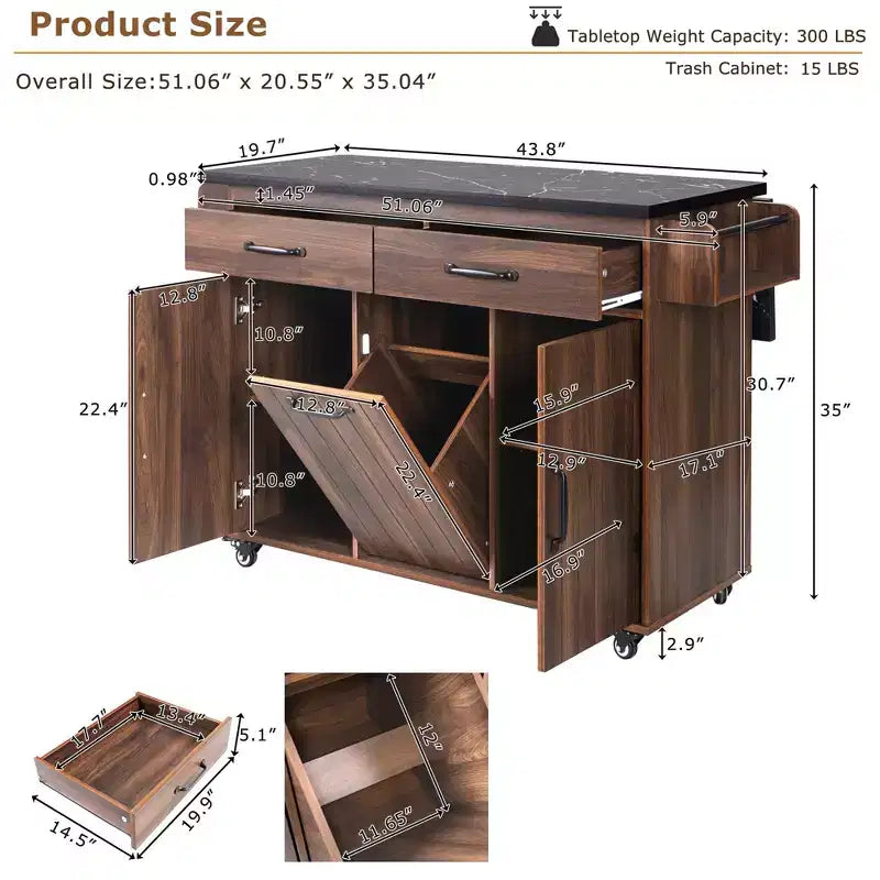 Carrello da cucina con isola, anta a ribalta, vano per rifiuti e portaspezie – Azzurro Grigio / Noce Marrone / Bianco, 1 persona
