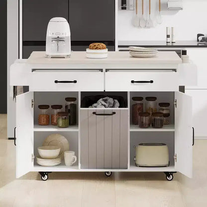 Carrello da cucina con isola, anta a ribalta, vano per rifiuti e portaspezie – Azzurro Grigio / Noce Marrone / Bianco, 1 persona