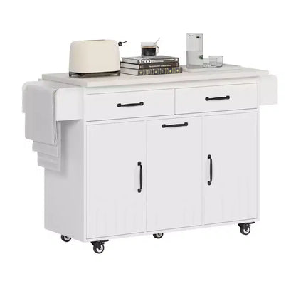 Carrello da cucina con isola, anta a ribalta, vano per rifiuti e portaspezie – Azzurro Grigio / Noce Marrone / Bianco, 1 persona