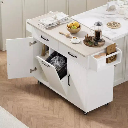 Carrello da cucina con isola, anta a ribalta, vano per rifiuti e portaspezie – Azzurro Grigio / Noce Marrone / Bianco, 1 persona
