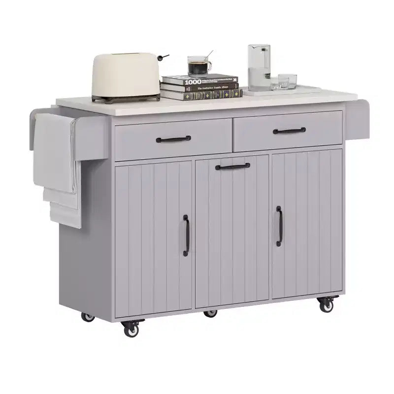 Carrello da cucina con isola, anta a ribalta, vano per rifiuti e portaspezie – Azzurro Grigio / Noce Marrone / Bianco, 1 persona