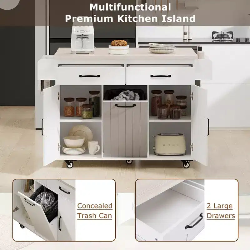 Carrello da cucina con isola, anta a ribalta, vano per rifiuti e portaspezie – Azzurro Grigio / Noce Marrone / Bianco, 1 persona