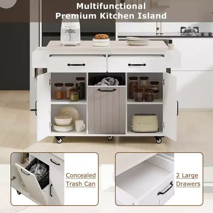 Carrello da cucina con isola, anta a ribalta, vano per rifiuti e portaspezie – Azzurro Grigio / Noce Marrone / Bianco, 1 persona