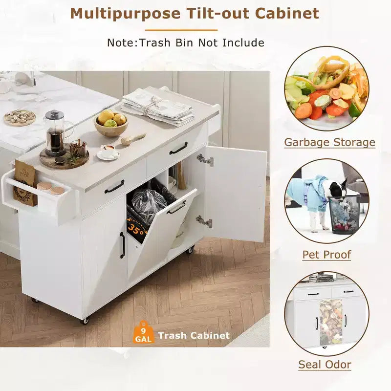 Carrello da cucina con isola, anta a ribalta, vano per rifiuti e portaspezie – Azzurro Grigio / Noce Marrone / Bianco, 1 persona