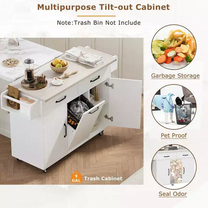 Carrello da cucina con isola, anta a ribalta, vano per rifiuti e portaspezie – Azzurro Grigio / Noce Marrone / Bianco, 1 persona