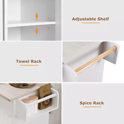 Carrello da cucina con isola, anta a ribalta, vano per rifiuti e portaspezie – Azzurro Grigio / Noce Marrone / Bianco, 1 persona