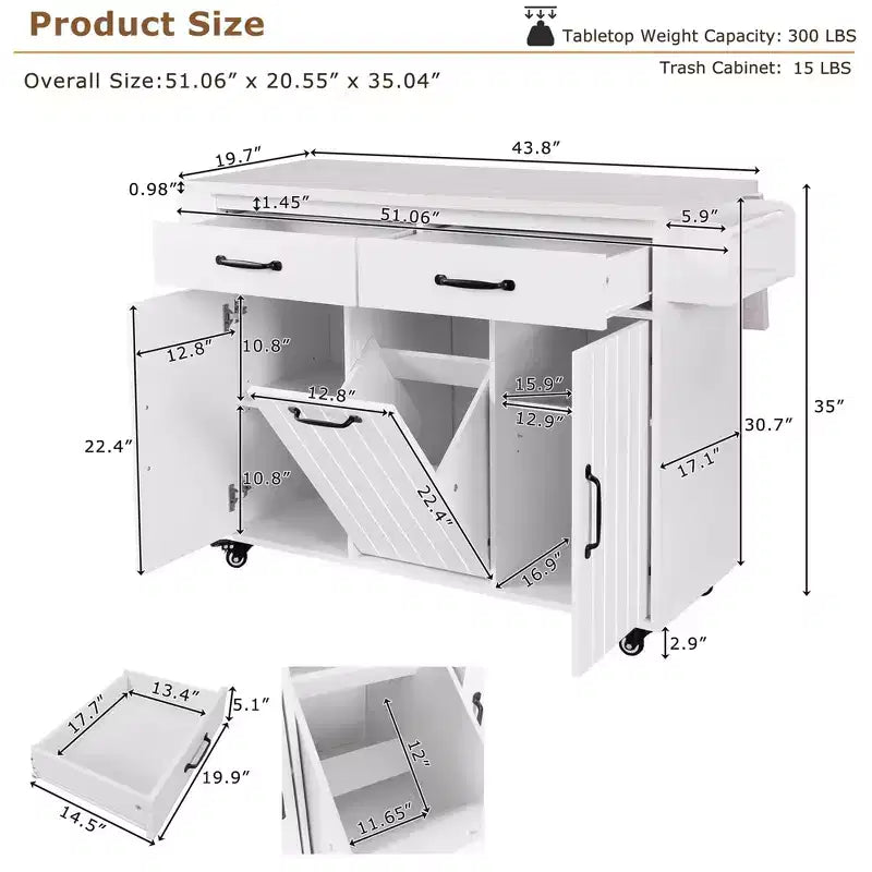 Carrello da cucina con isola, anta a ribalta, vano per rifiuti e portaspezie – Azzurro Grigio / Noce Marrone / Bianco, 1 persona