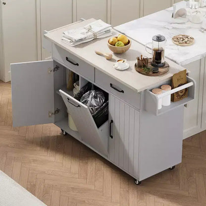 Carrello da cucina con isola, anta a ribalta, vano per rifiuti e portaspezie – Azzurro Grigio / Noce Marrone / Bianco, 1 persona