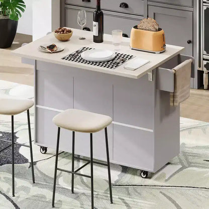 Carrello da cucina con isola, anta a ribalta, vano per rifiuti e portaspezie – Azzurro Grigio / Noce Marrone / Bianco, 1 persona