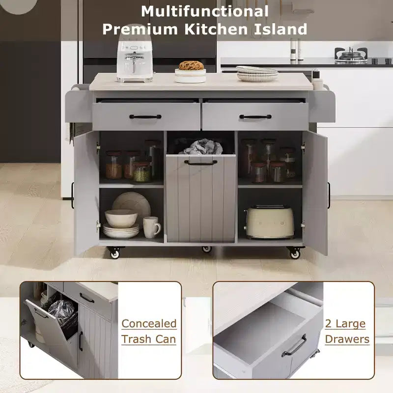 Carrello da cucina con isola, anta a ribalta, vano per rifiuti e portaspezie – Azzurro Grigio / Noce Marrone / Bianco, 1 persona