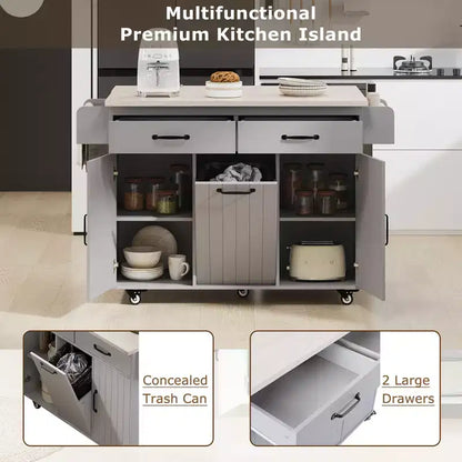 Carrello da cucina con isola, anta a ribalta, vano per rifiuti e portaspezie – Azzurro Grigio / Noce Marrone / Bianco, 1 persona