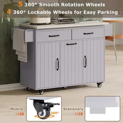 Carrello da cucina con isola, anta a ribalta, vano per rifiuti e portaspezie – Azzurro Grigio / Noce Marrone / Bianco, 1 persona