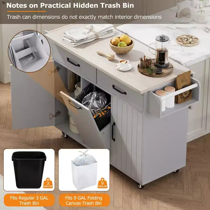 Carrello da cucina con isola, anta a ribalta, vano per rifiuti e portaspezie – Azzurro Grigio / Noce Marrone / Bianco, 1 persona