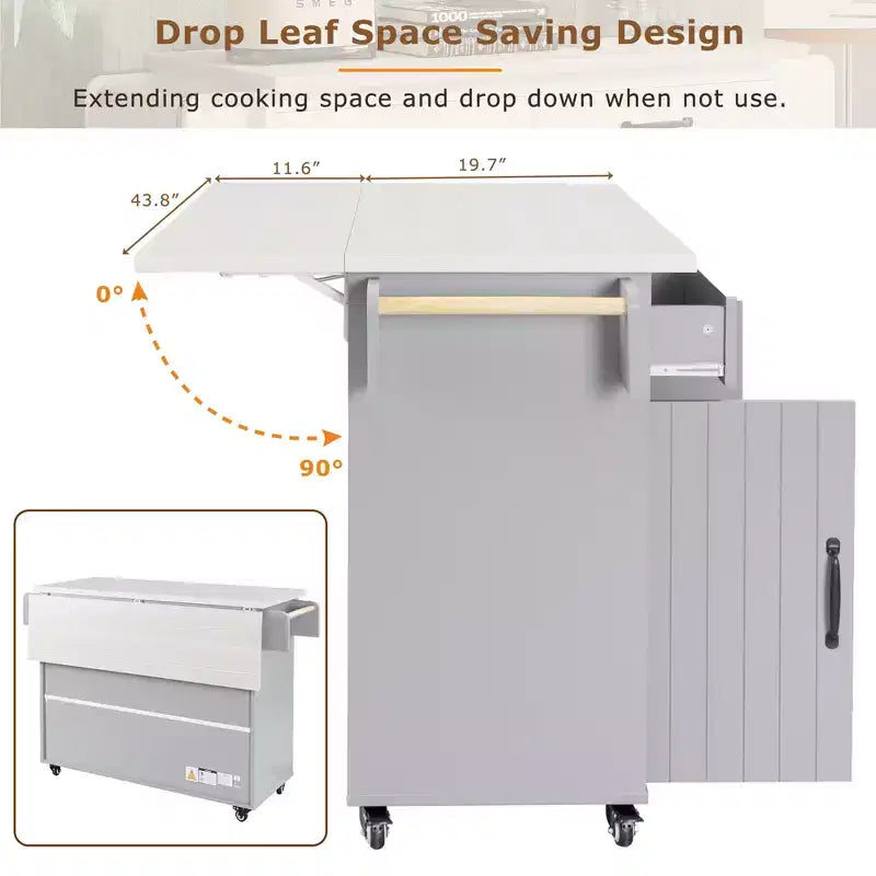 Carrello da cucina con isola, anta a ribalta, vano per rifiuti e portaspezie – Azzurro Grigio / Noce Marrone / Bianco, 1 persona