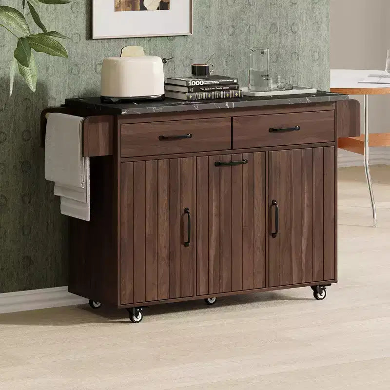 Carrello da cucina con isola, anta a ribalta, vano per rifiuti e portaspezie – Azzurro Grigio / Noce Marrone / Bianco, 1 persona